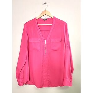 Y2K Express Pink Zip Up V Neck Long Sleeve Chiffon Blouse Top Business Casual